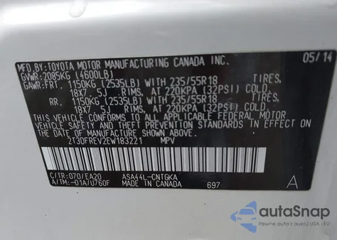 2014 Toyota Rav4 Limited z USA, uszkodzony, nr VIN 2T3DFREV2EW183221